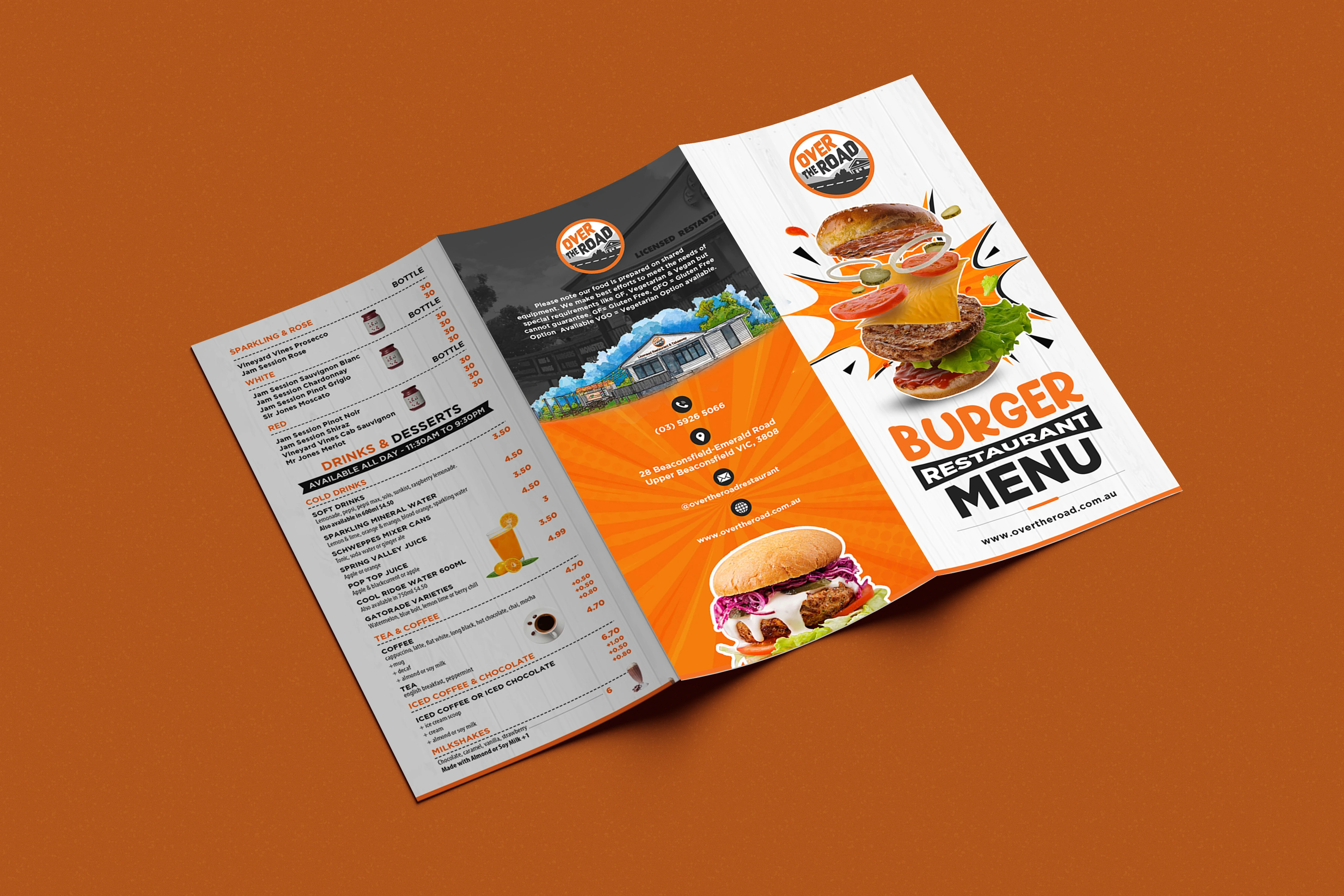 Over The Road Burger Restaurant Menu Design | Modern Tri-Fold Food Menu Brochure