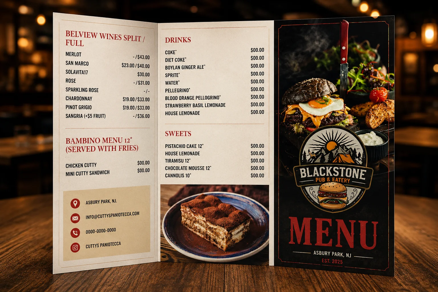 Blackstone Pub & Eatery – Tri-Fold Restaurant Menu Design
