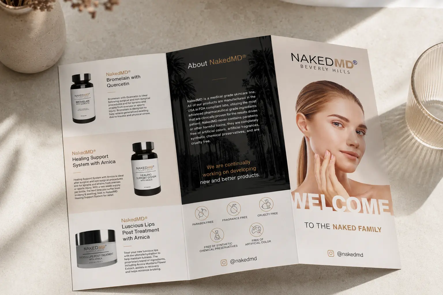 Naked MD Beauty & Fashion Tri-Fold Brochure Design | Luxury Beauty Brand Brochure